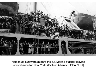 Holocaust survivors aboard the SS Marine Flasher leaving Bremerhaven for New York